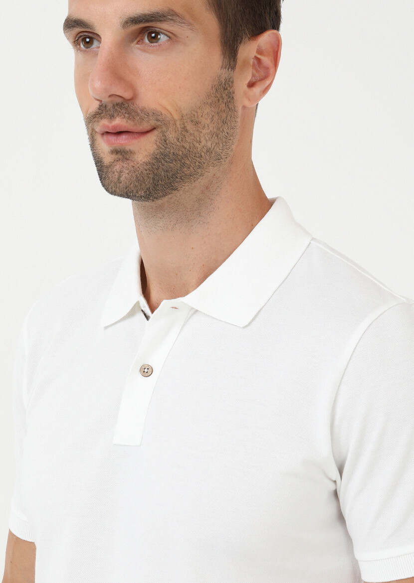 Ecru Plain Polo Neck 100% Cotton T-Shirt - 3