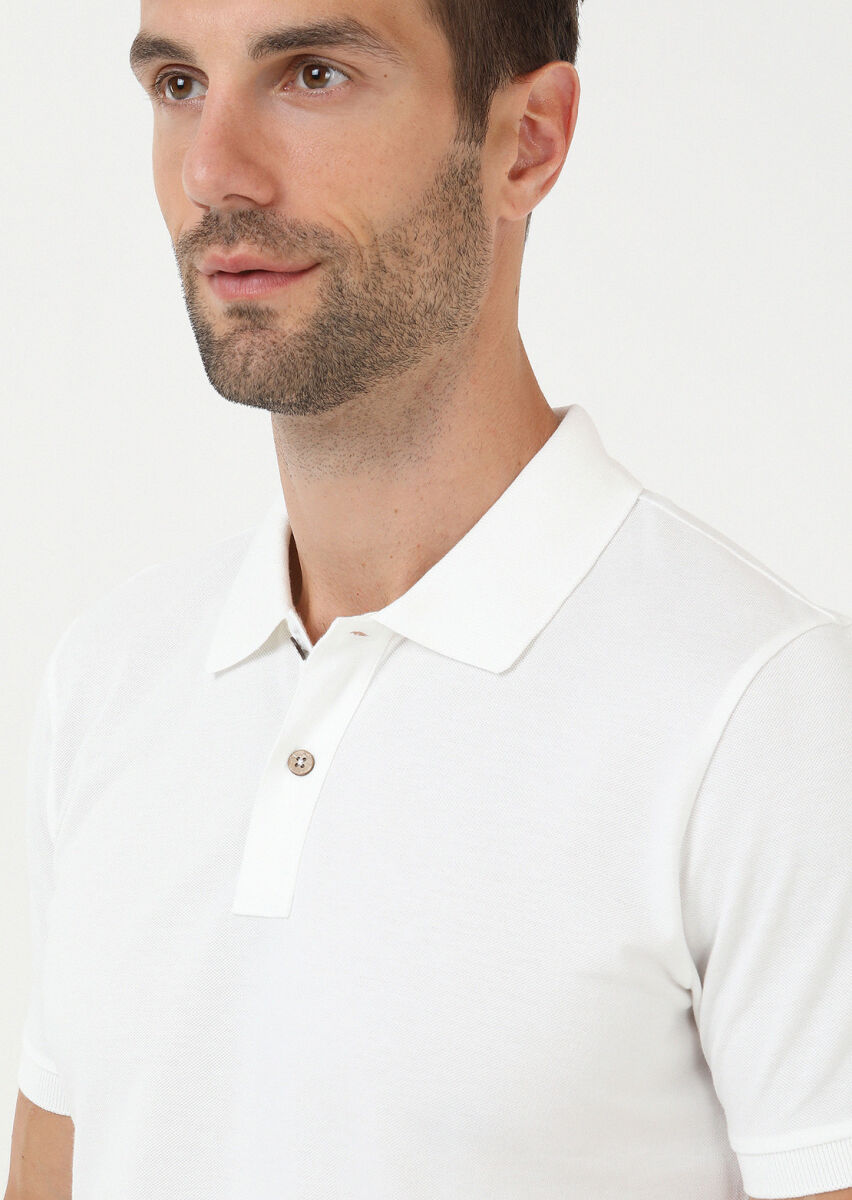 Ecru Plain Polo Neck 100% Cotton T-Shirt - 3