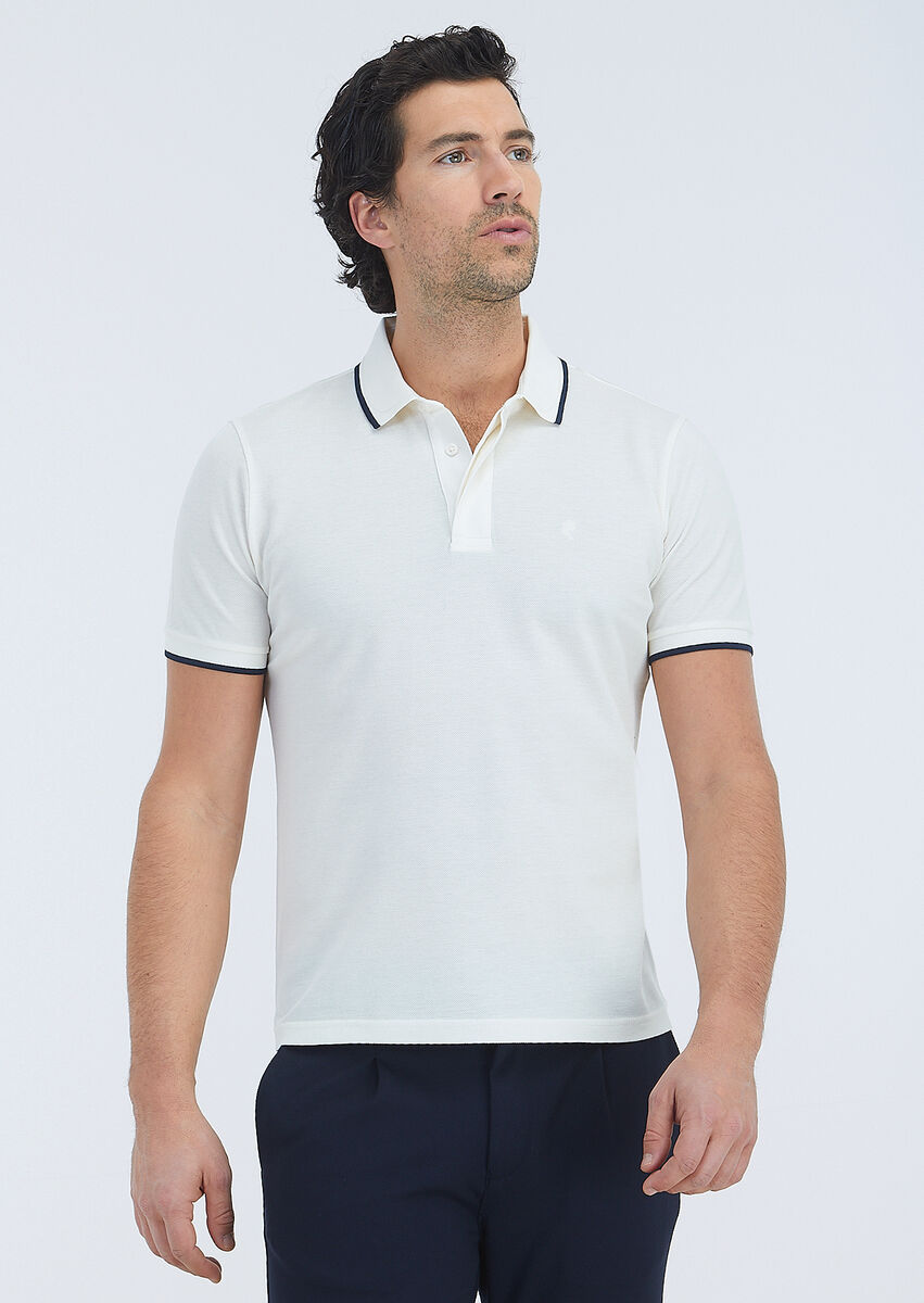 Ecru Plain Polo Neck 100% Cotton T-Shirt - 2