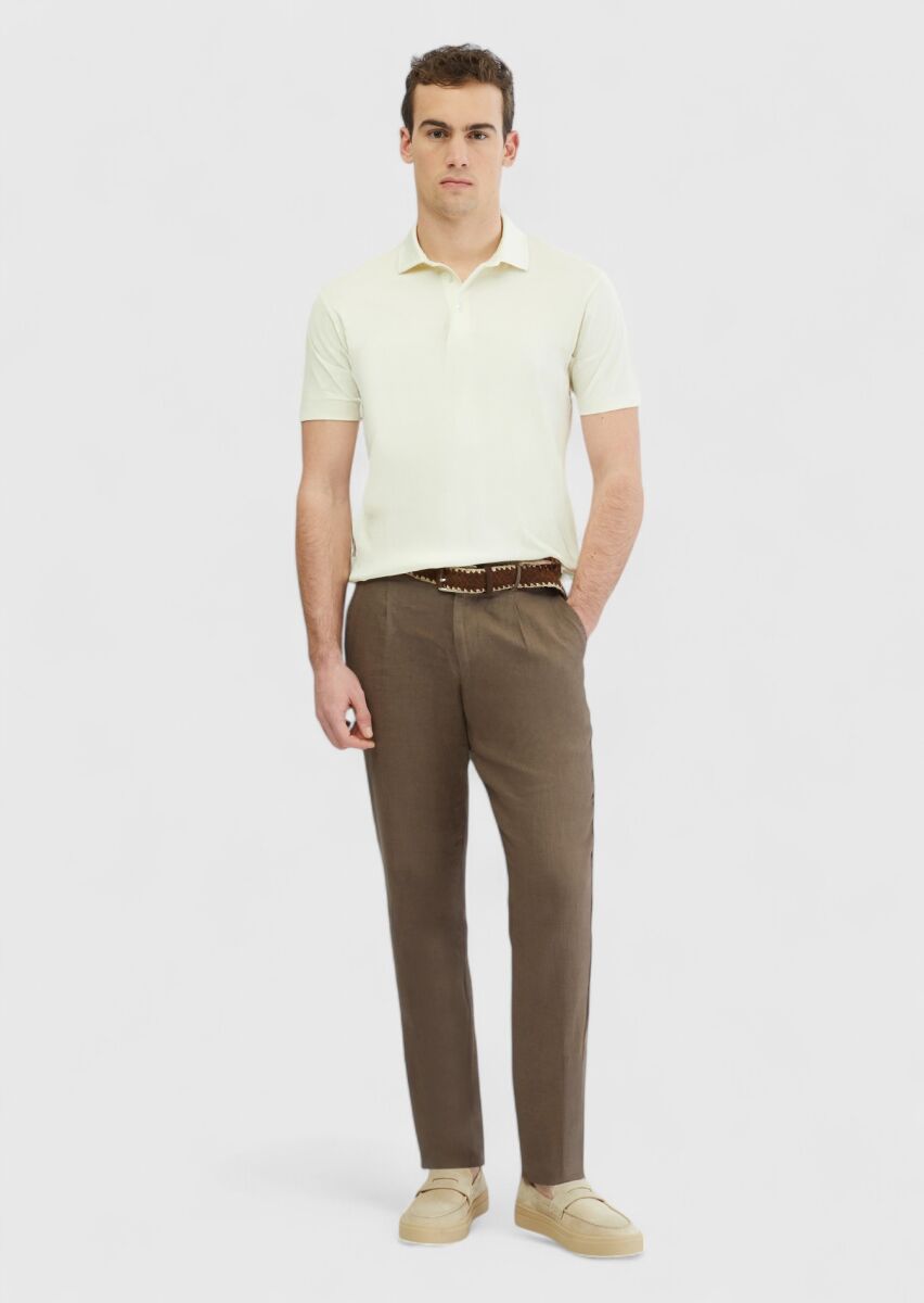 Ecru Plain Polo Neck 100% Cotton T-Shirt - 1