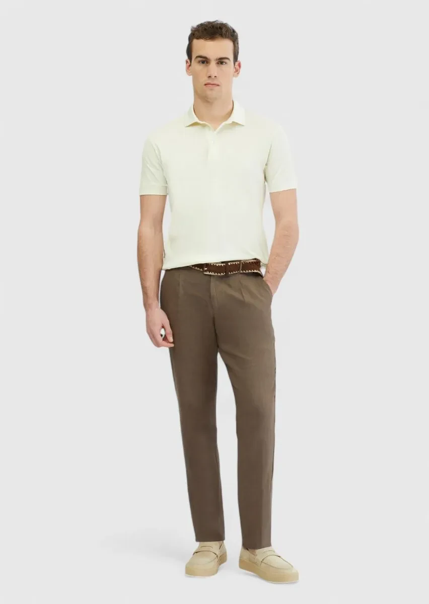 Ecru Plain Polo Neck 100% Cotton T-Shirt - 1