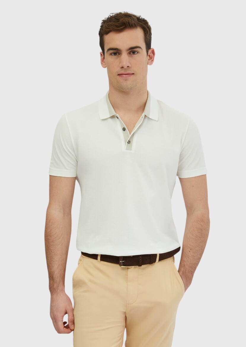 Ecru Plain Polo Neck 100% Cotton T-Shirt - RAMSEY