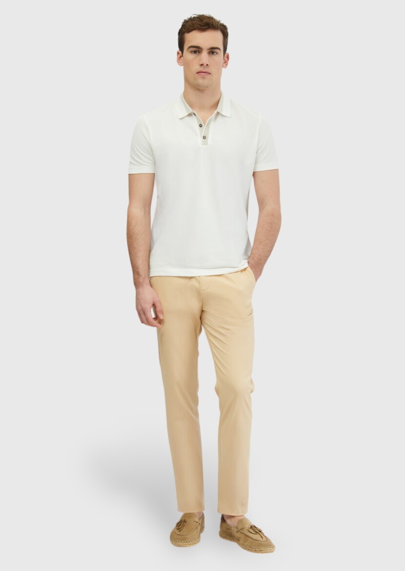 Ecru Plain Polo Neck 100% Cotton T-Shirt - RAMSEY