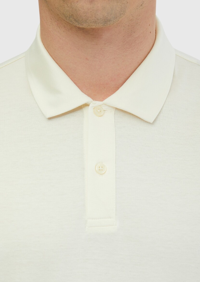Ecru Plain Polo Neck 100% Cotton T-Shirt - 4