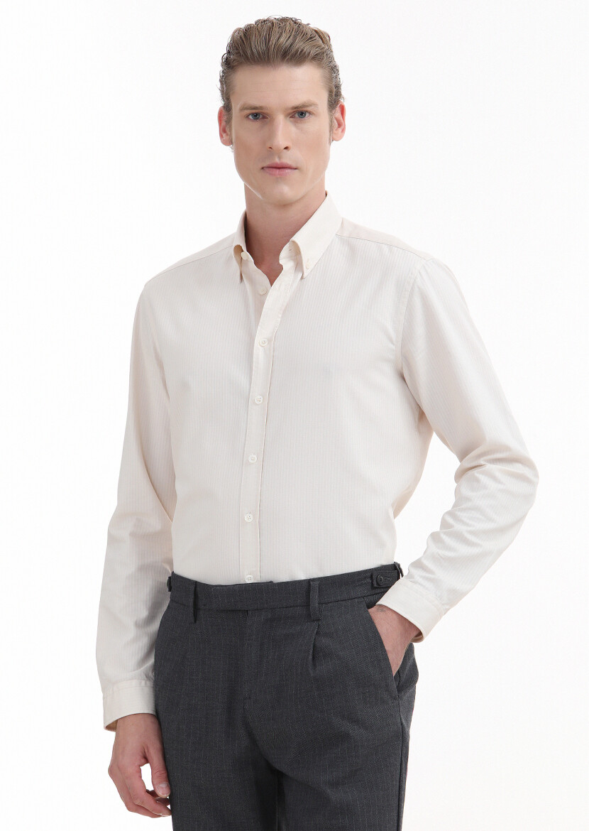 Ecru Plain Regular Fit Long Weaving Casual 100% Cotton Shirt - 1
