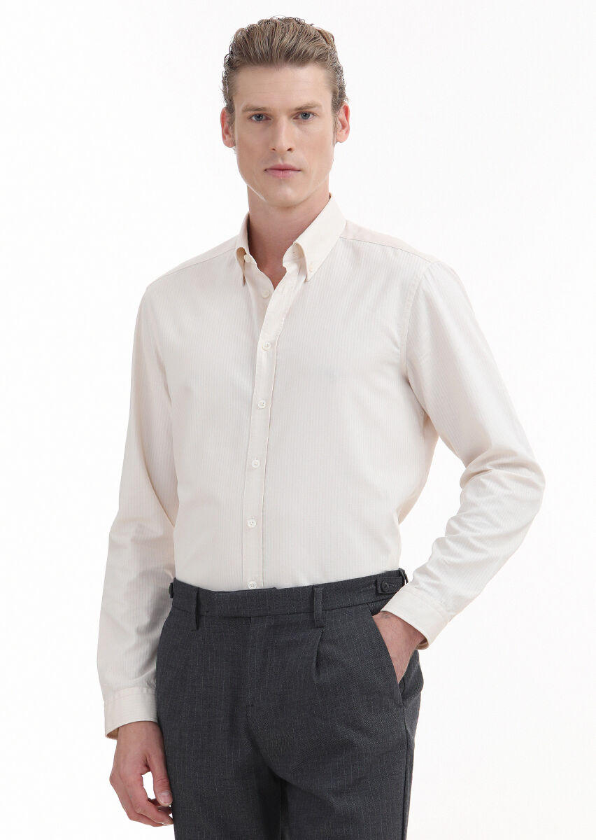 Ecru Plain Regular Fit Long Weaving Casual 100% Cotton Shirt - 1