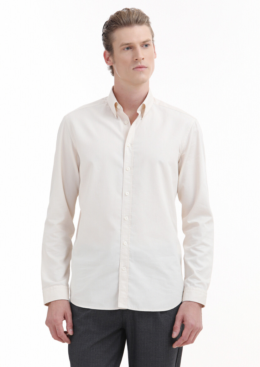 Ecru Plain Regular Fit Long Weaving Casual 100% Cotton Shirt - 3