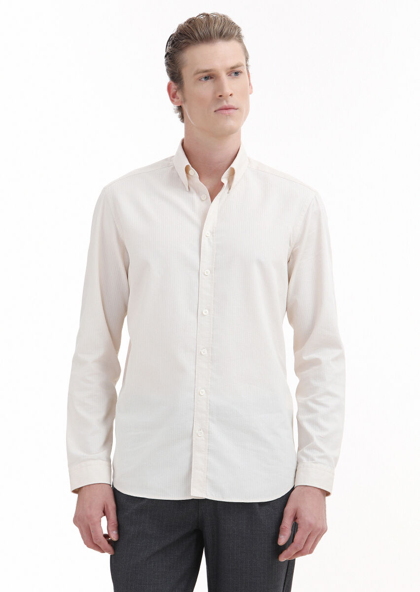 Ecru Plain Regular Fit Long Weaving Casual 100% Cotton Shirt - 3