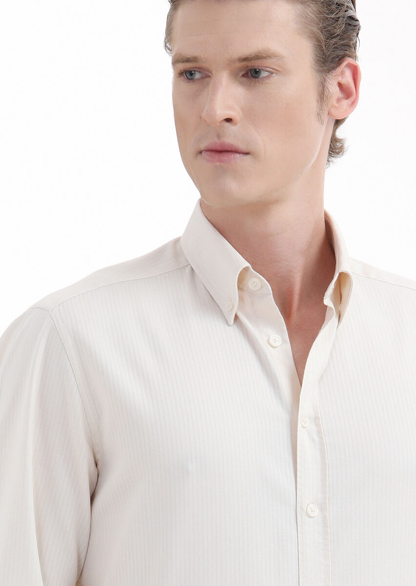 Ecru Plain Regular Fit Long Weaving Casual 100% Cotton Shirt - 4