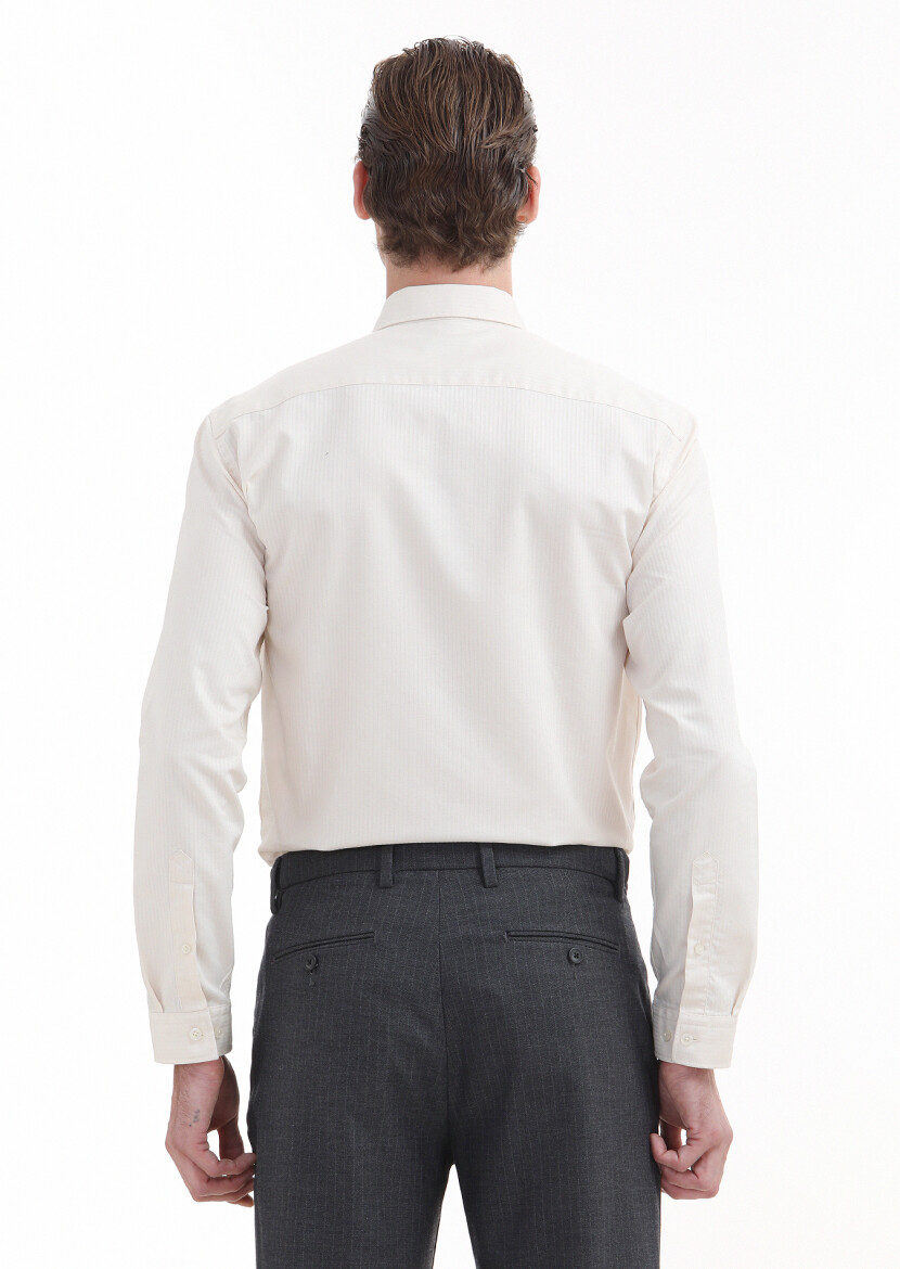 Ecru Plain Regular Fit Long Weaving Casual 100% Cotton Shirt - 5