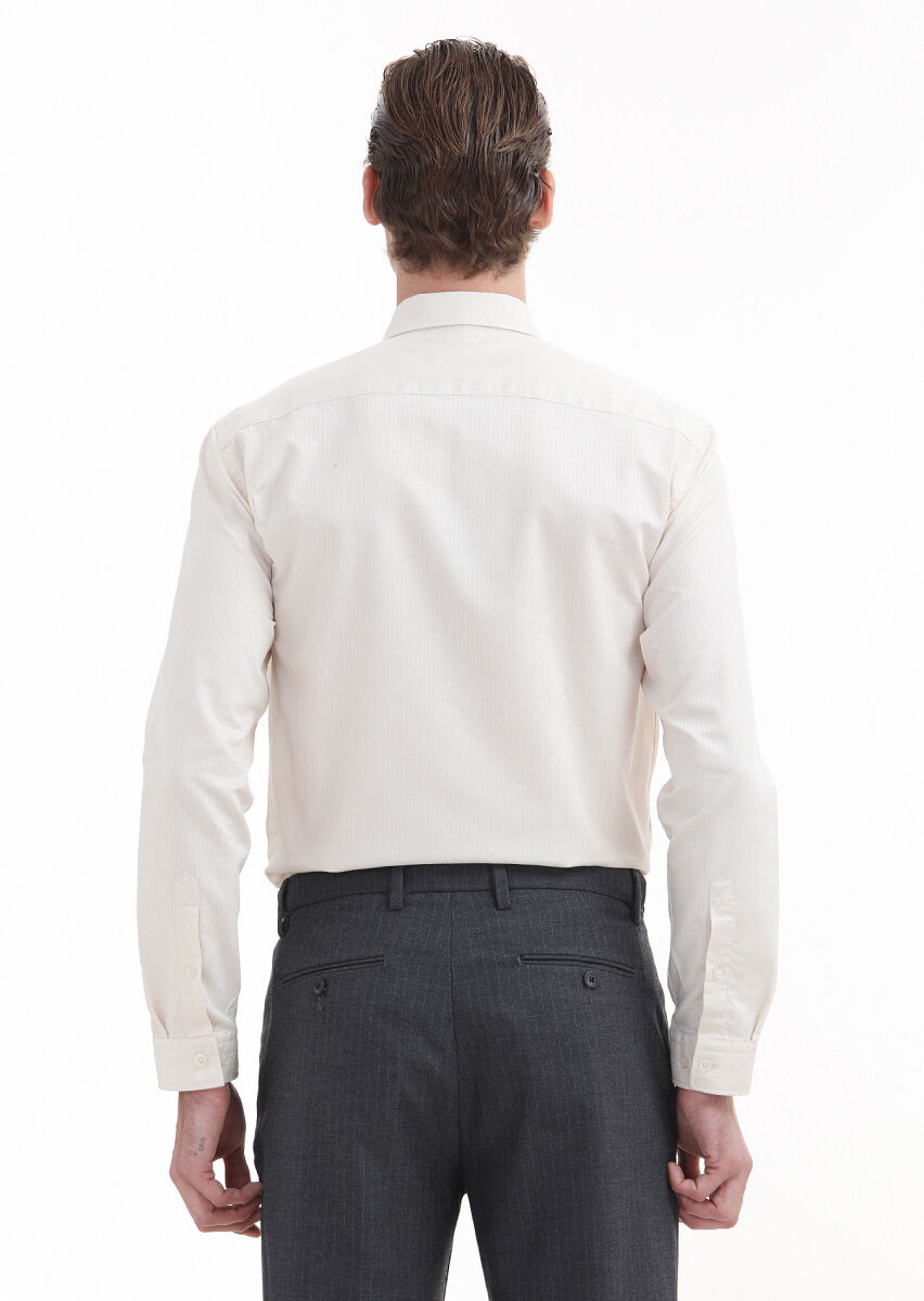 Ecru Plain Regular Fit Long Weaving Casual 100% Cotton Shirt - 5
