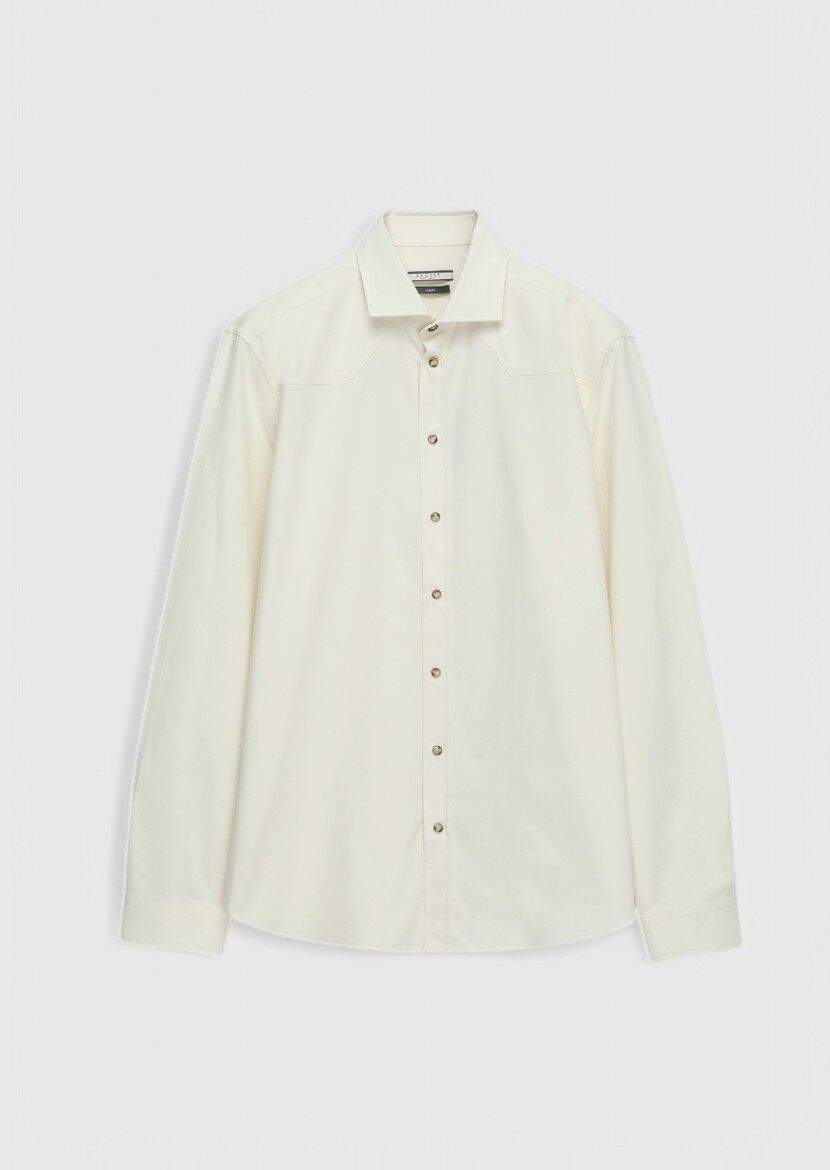 Ecru Plain Regular Fit Long Weaving Casual 100% Cotton Shirt 