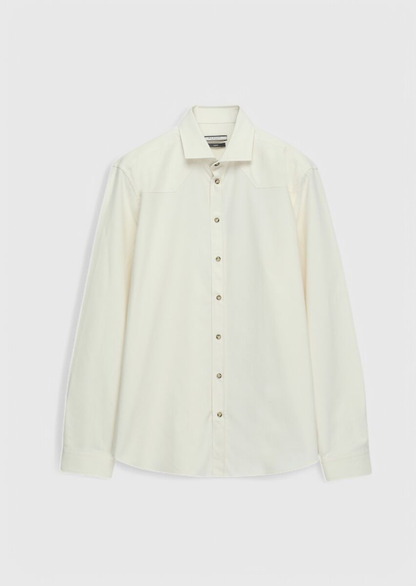 Ecru Plain Regular Fit Long Weaving Casual 100% Cotton Shirt - 1