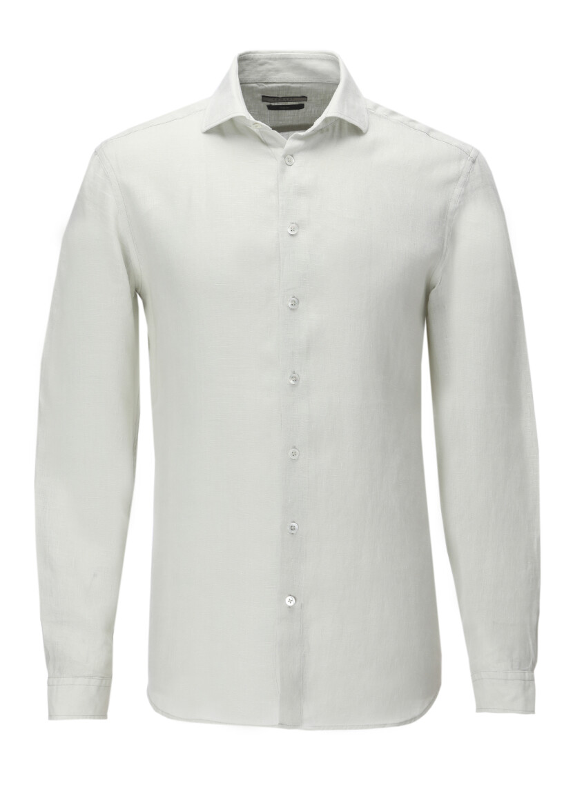 Ecru Plain Regular Fit Long Weaving Casual 100% Linen Shirt 