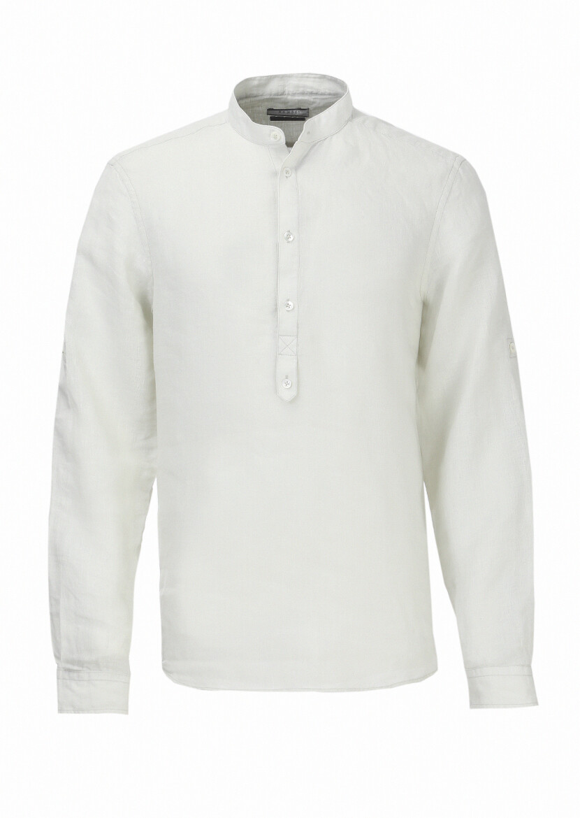 Ecru Plain Regular Fit Long Weaving Casual 100% Linen Shirt 