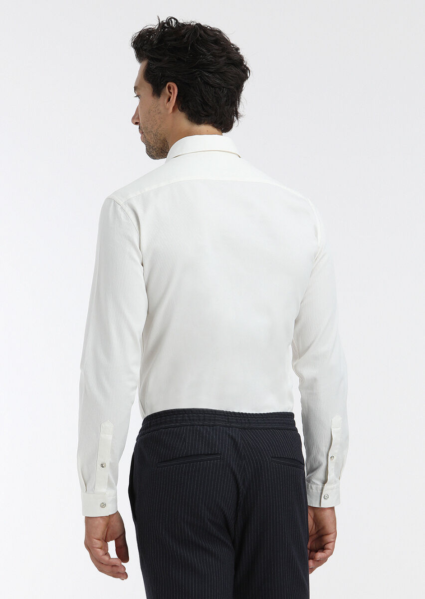 Ecru Plain Regular Fit Long Weaving Casual Cotton Blended Shirt - 5
