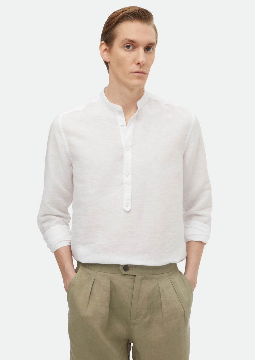 Ecru Plain Regular Fit Long Weaving Casual Cotton Blended Shirt - 1