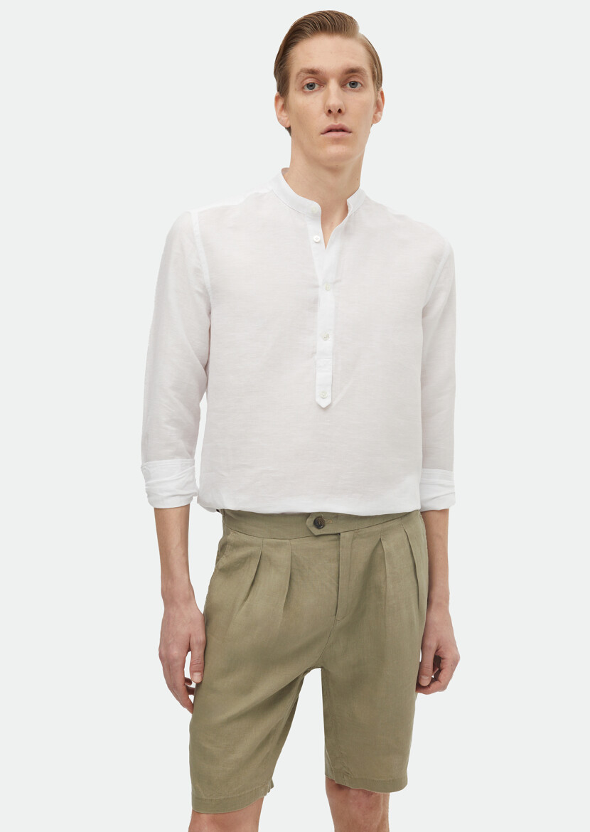 Ecru Plain Regular Fit Long Weaving Casual Cotton Blended Shirt - 3