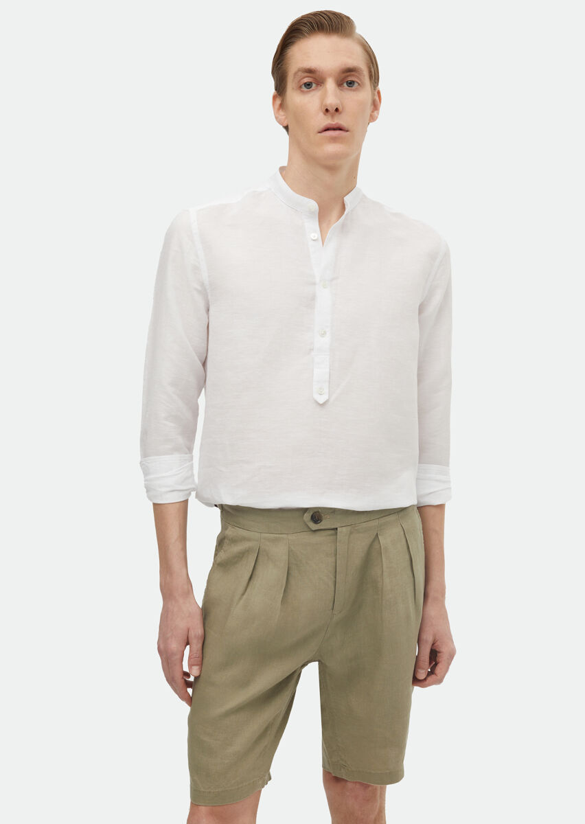 Ecru Plain Regular Fit Long Weaving Casual Cotton Blended Shirt - 3