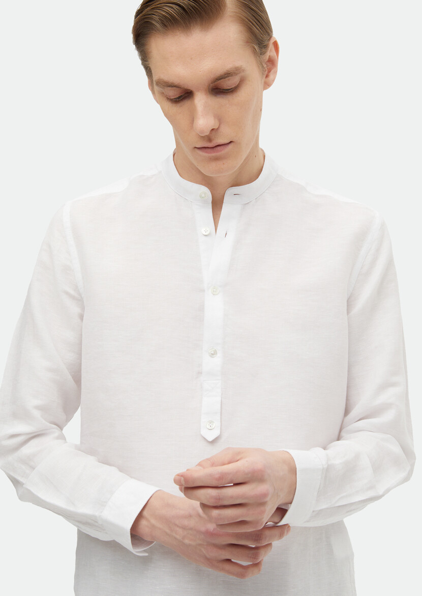 Ecru Plain Regular Fit Long Weaving Casual Cotton Blended Shirt - 4