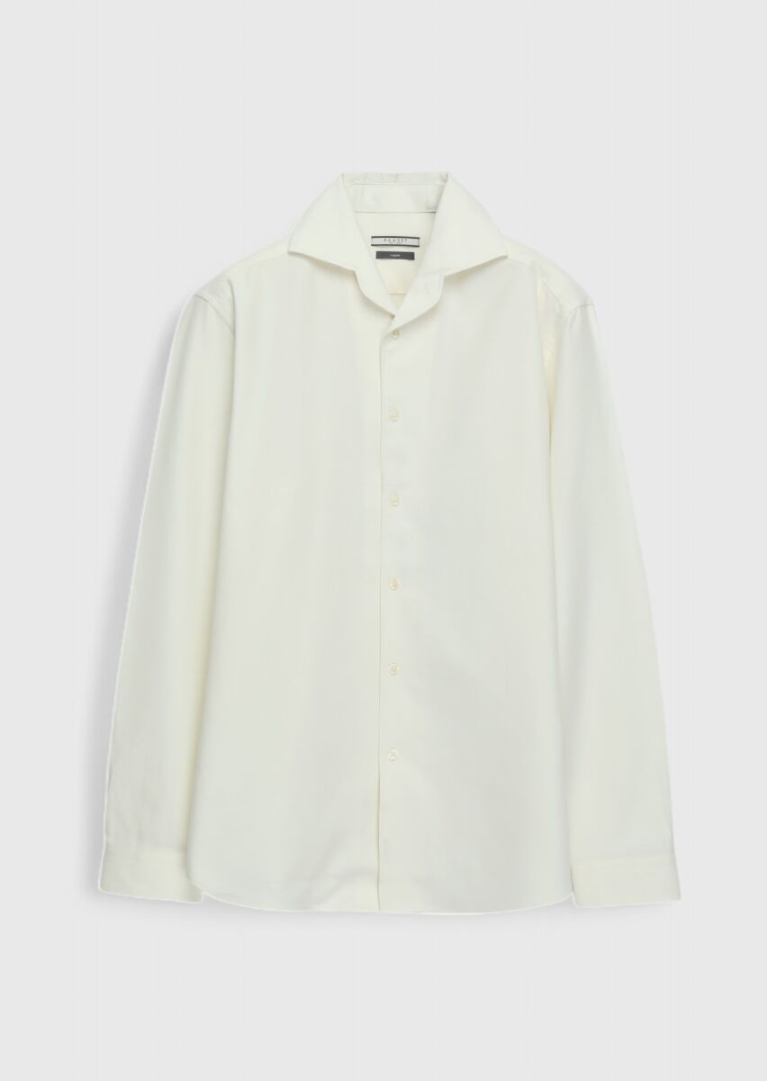 Ecru Plain Regular Fit Long Weaving Casual Cotton Blended Shirt - 1