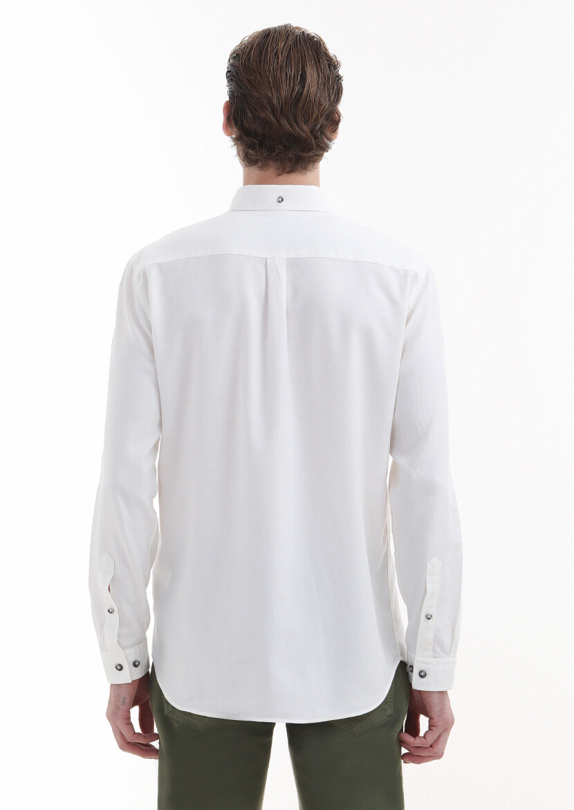 Ecru Plain Regular Fit Long Weaving Casual Wool Blended Shirt - 4