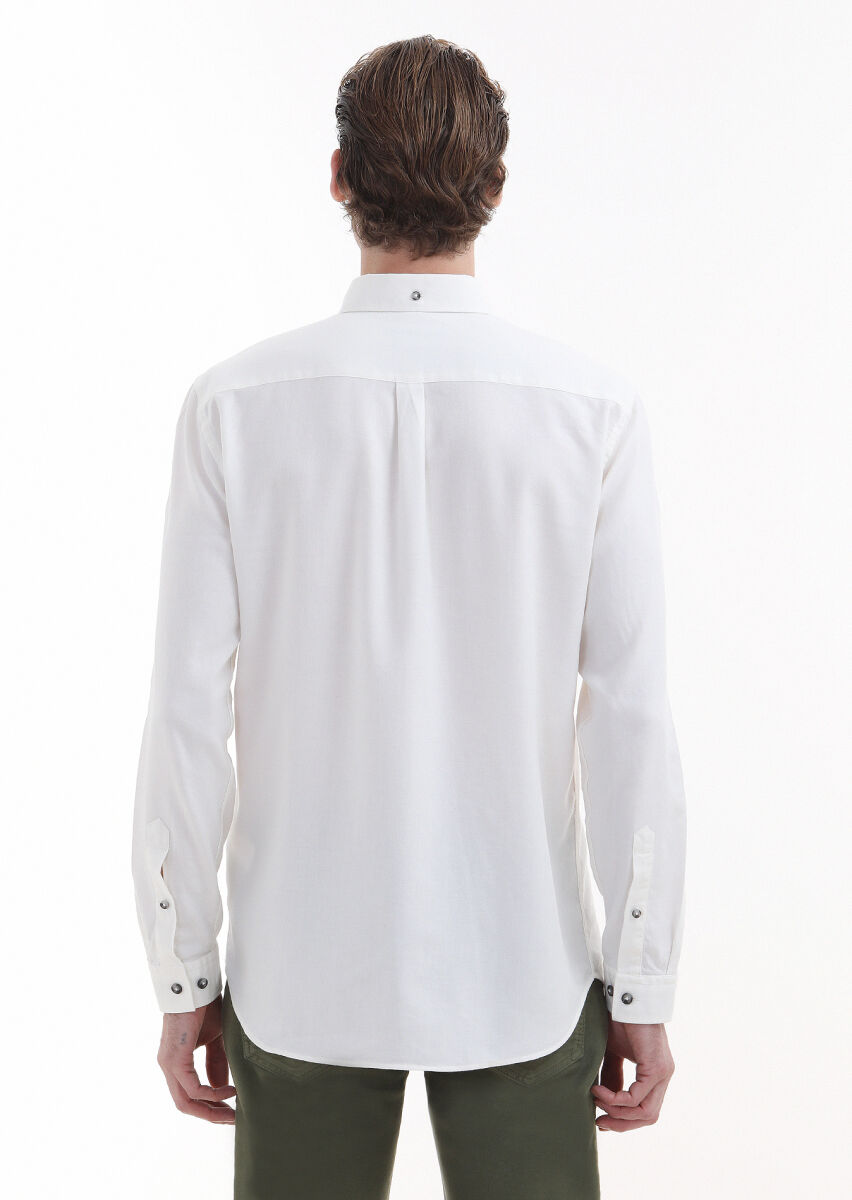 Ecru Plain Regular Fit Long Weaving Casual Wool Blended Shirt - 4