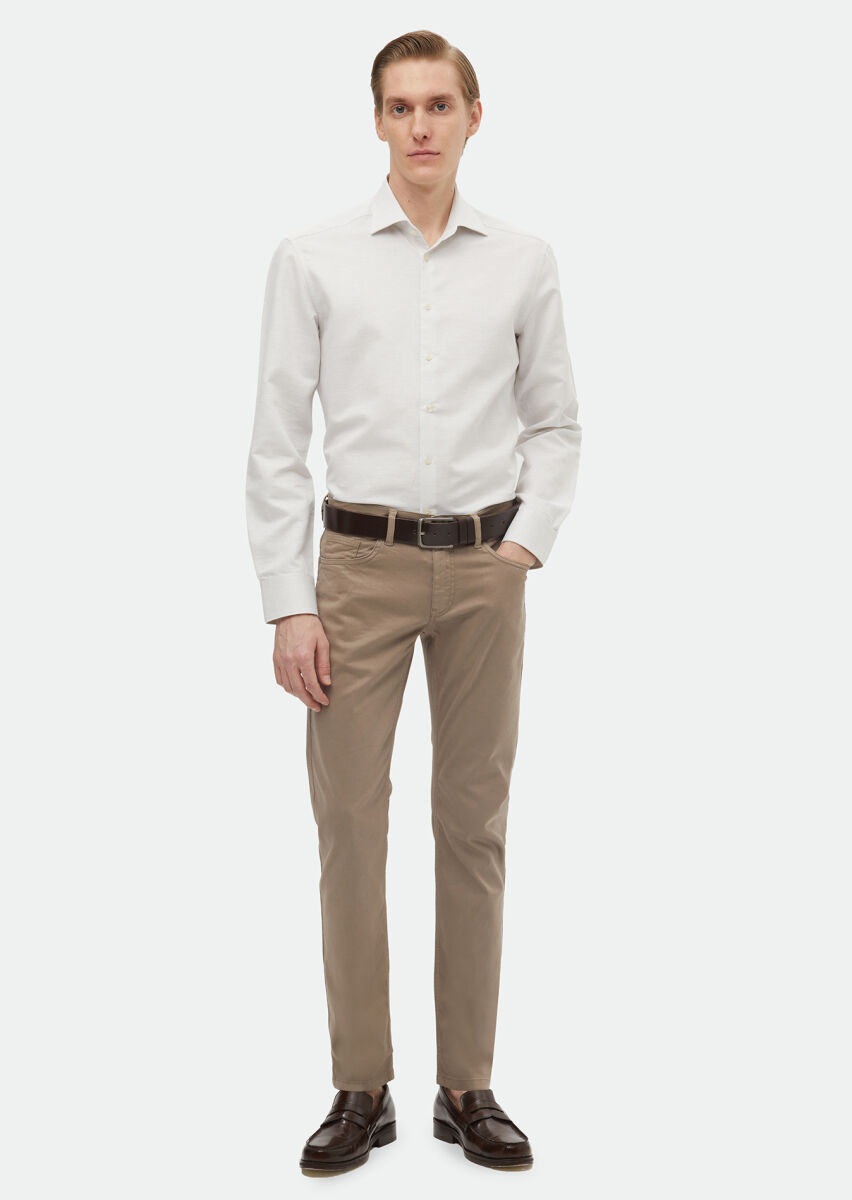 Ecru Plain Regular Fit Long Weaving Classical Cotton Blended Shirt - 2