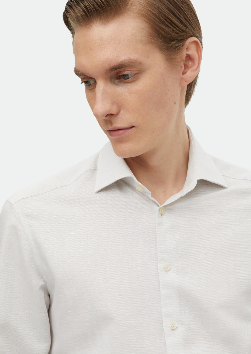 Ecru Plain Regular Fit Long Weaving Classical Cotton Blended Shirt - 3