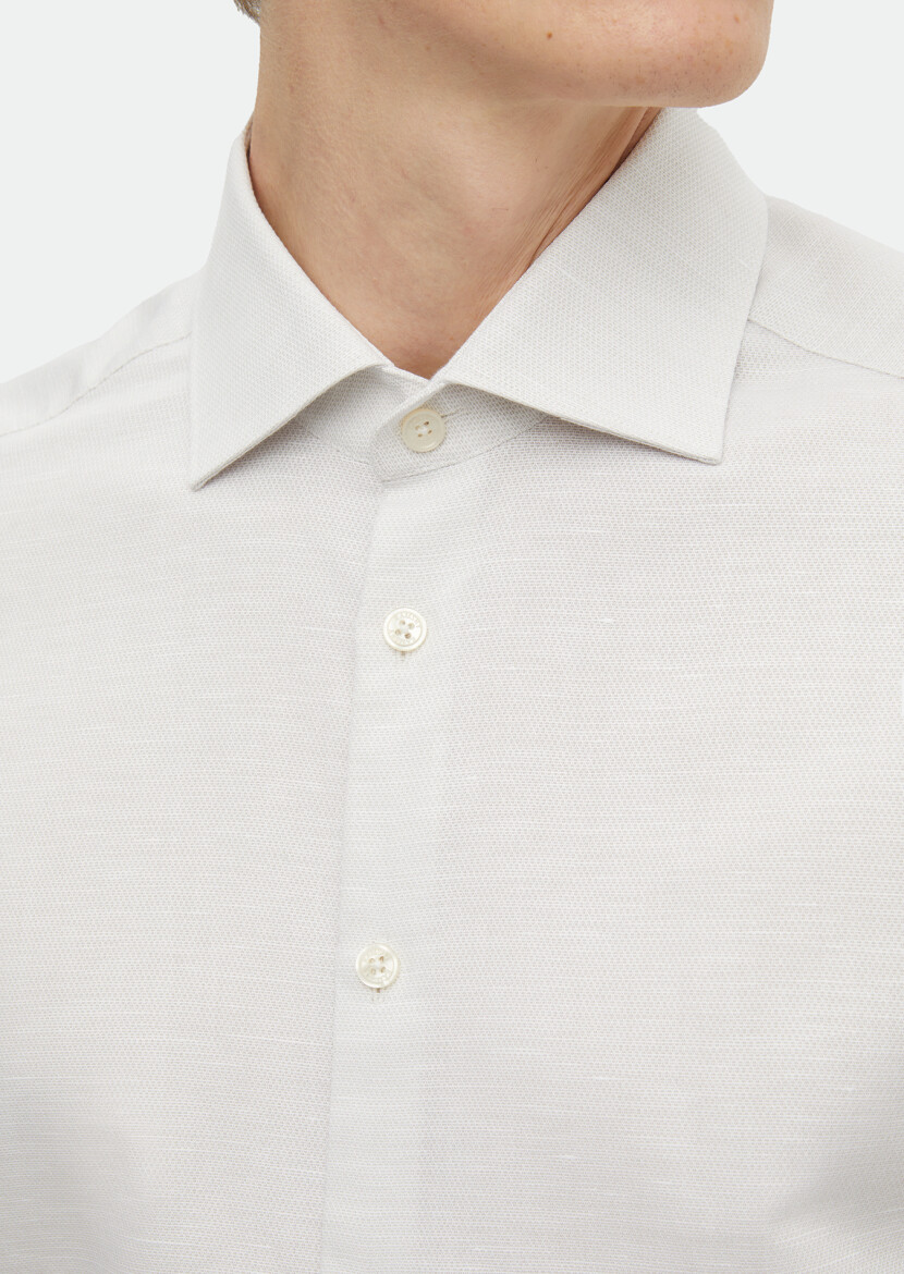 Ecru Plain Regular Fit Long Weaving Classical Cotton Blended Shirt - 4