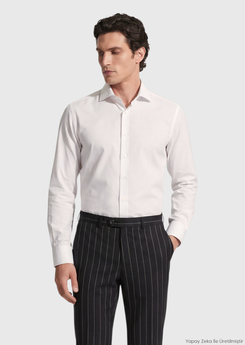 Ecru Plain Regular Fit Long Weaving Classical Silk Blended Shirt - RAMSEY