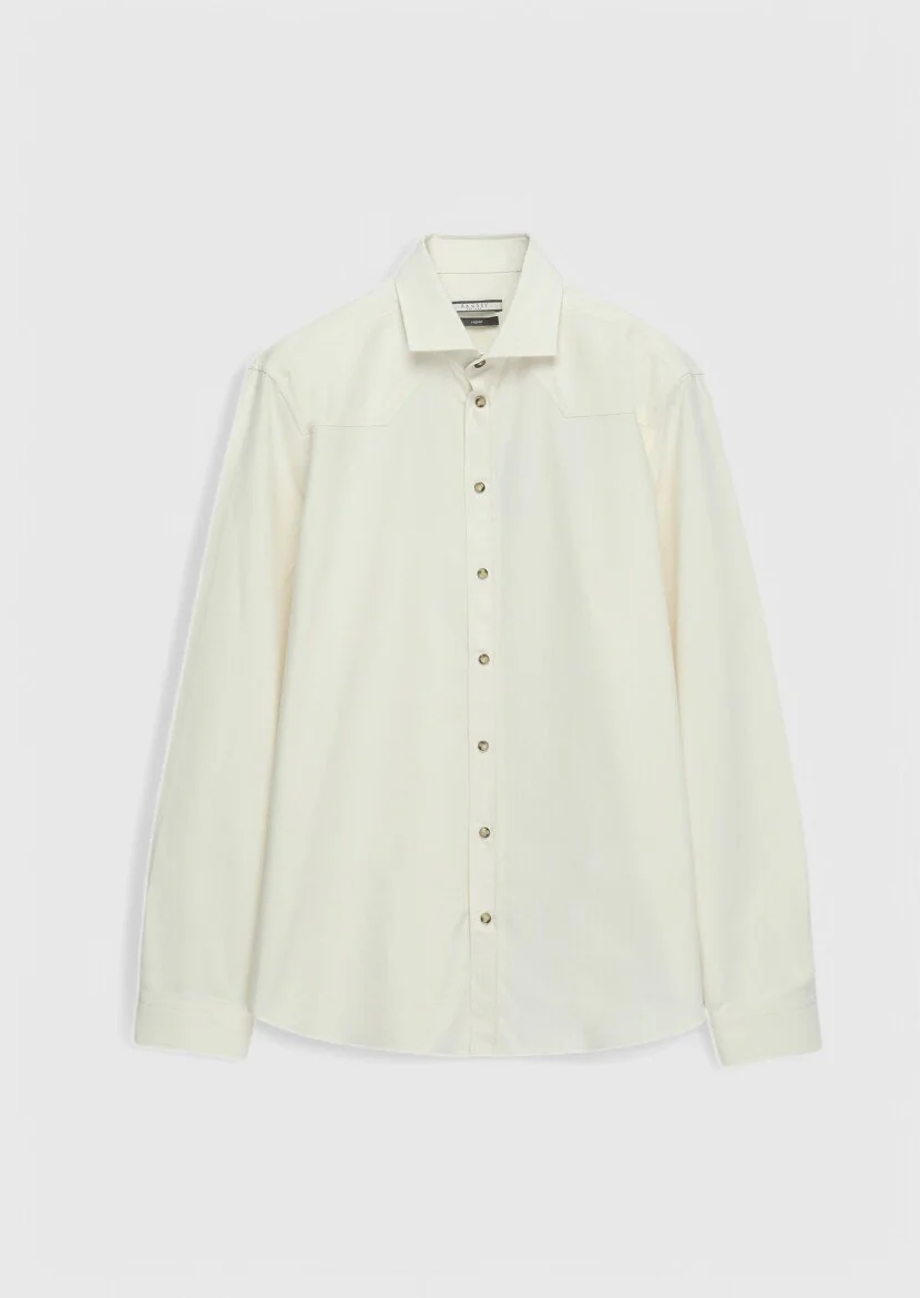 Ecru Plain Regular Fit Weaving Casual 100% Cotton Shirt 