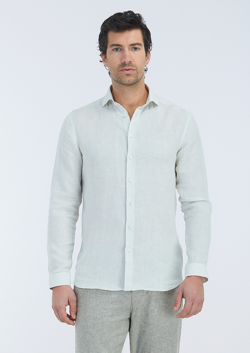 Ecru Plain Regular Fit Weaving Casual 100% Linen Shirt - 2