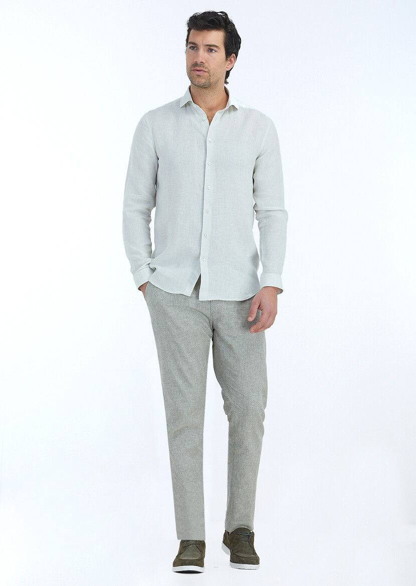 Ecru Plain Regular Fit Weaving Casual 100% Linen Shirt 