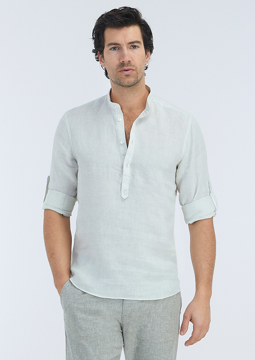 Ecru Plain Regular Fit Weaving Casual 100% Linen Shirt - 2