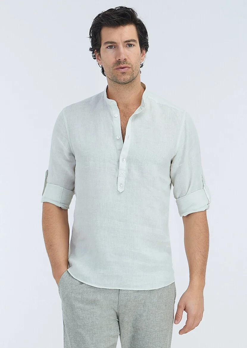 Ecru Plain Regular Fit Weaving Casual 100% Linen Shirt 