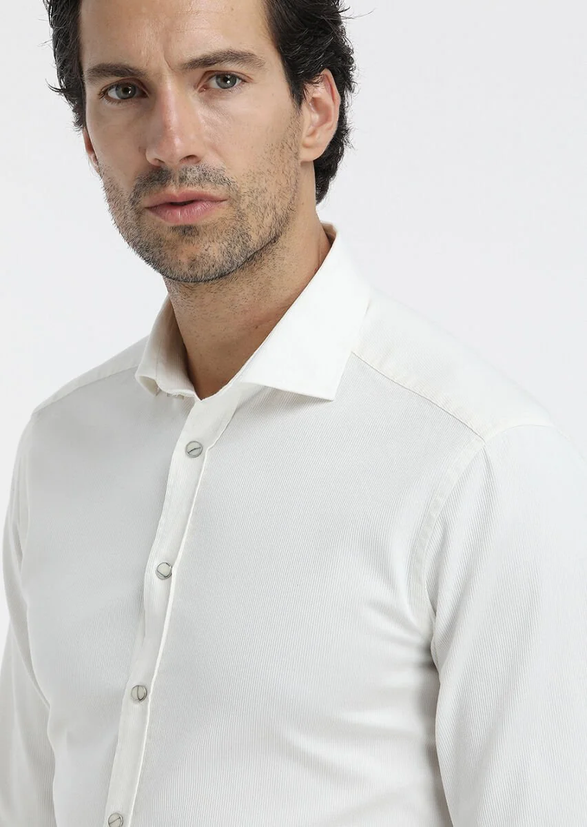 Ecru Plain Regular Fit Weaving Casual Cotton Blended Shirt - 3