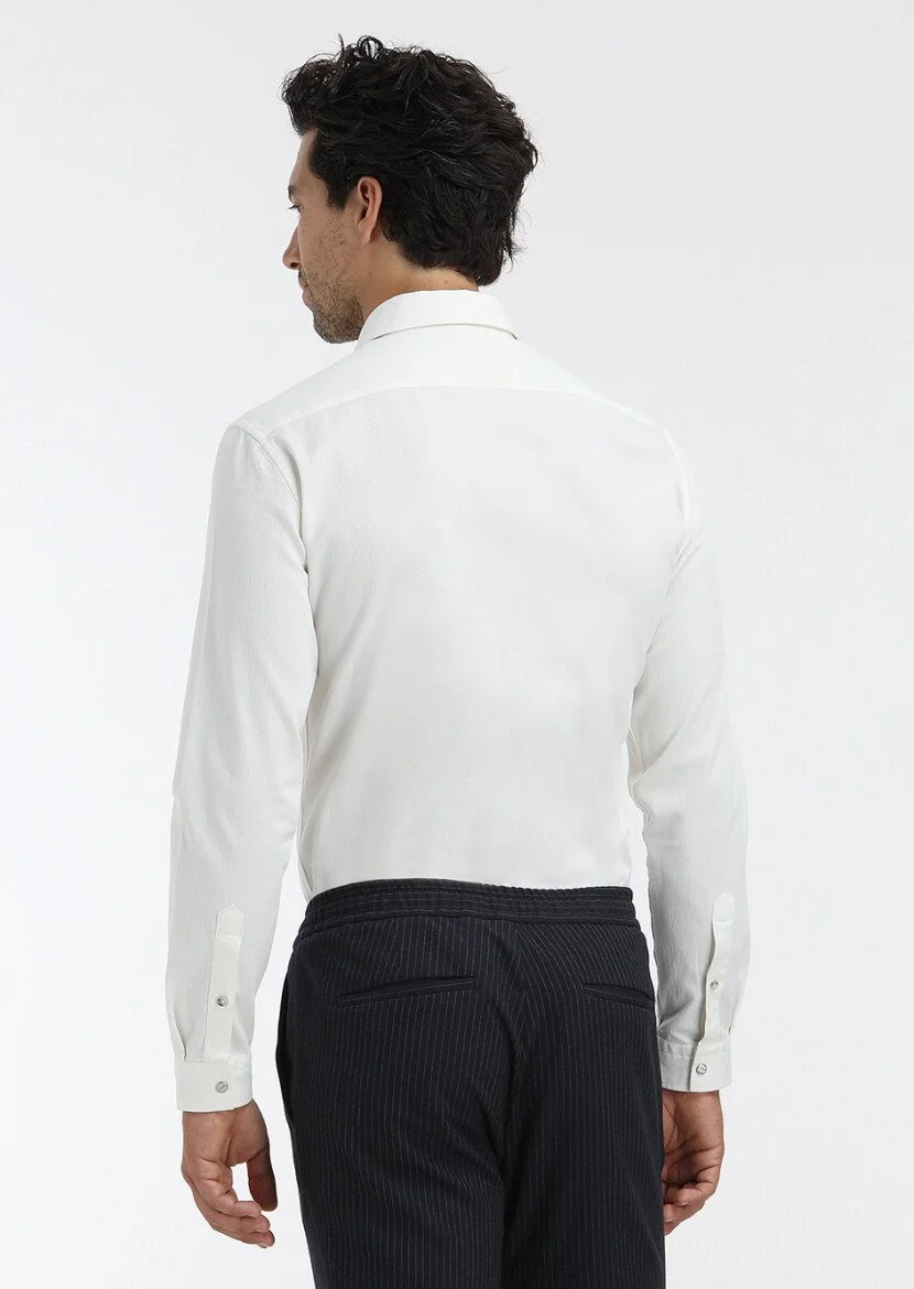 Ecru Plain Regular Fit Weaving Casual Cotton Blended Shirt - 5