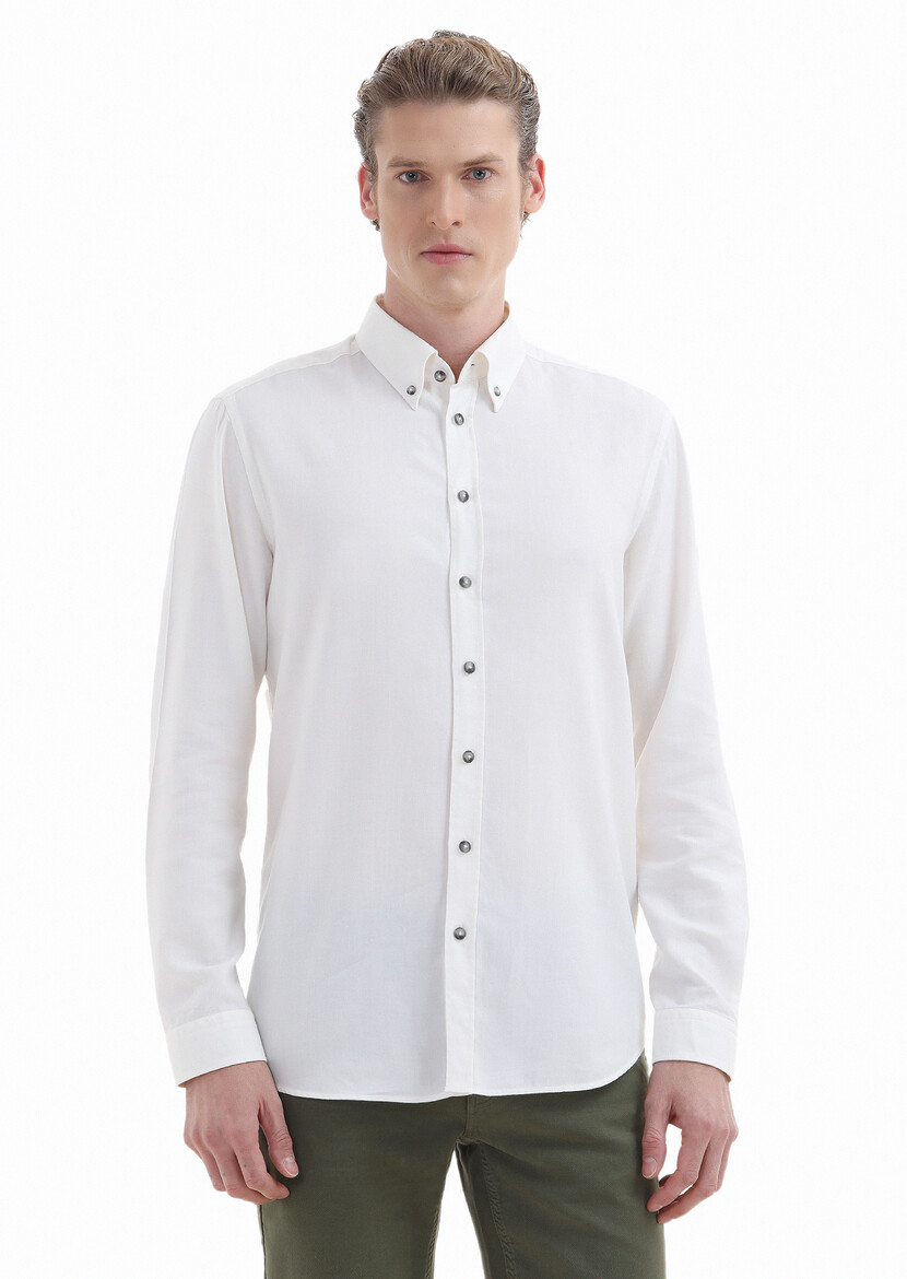 Ecru Plain Regular Fit Weaving Casual Wool Blended Shirt 