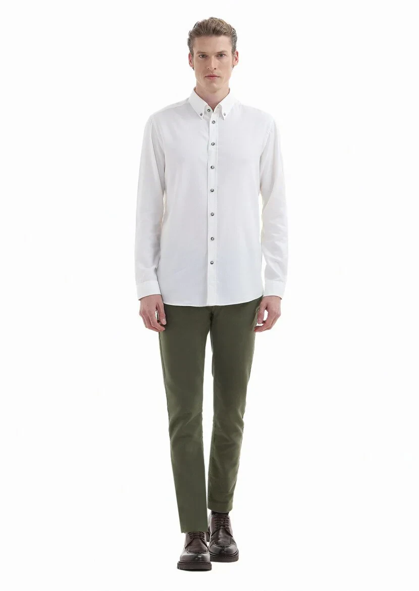 Ecru Plain Regular Fit Weaving Casual Wool Blended Shirt 