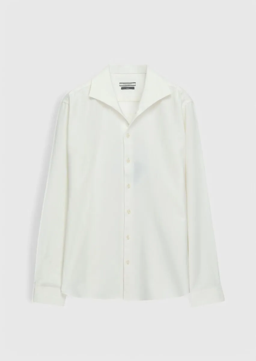 Ecru Plain Regular Fit Weaving Casual Wool Blended Shirt - 1