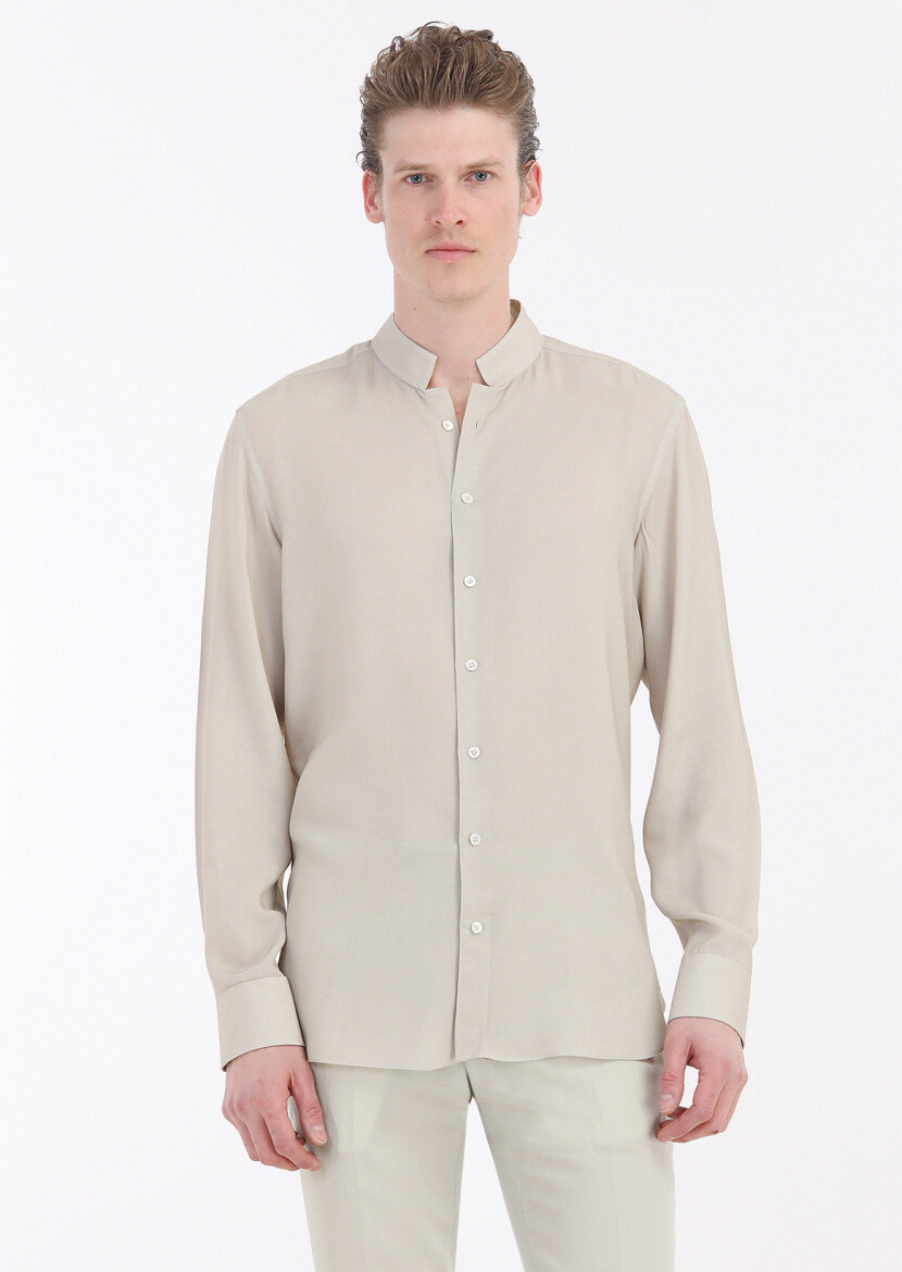 Ecru Plain Slim Fit Weaving Classical Shirt - 1