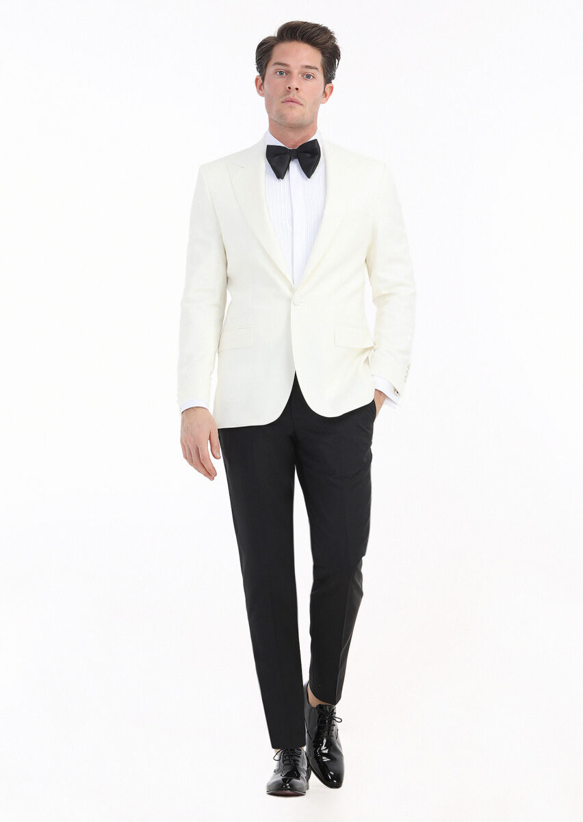 Ecru Plain Thin&Taller Slim Fit Double Breasted Collar Weaving Tuxedo - 1