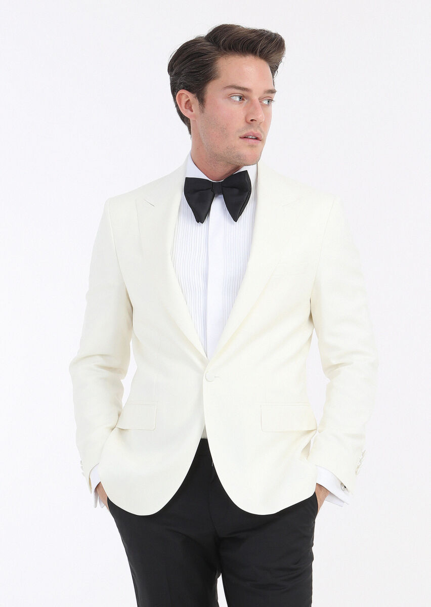 Ecru Plain Thin&Taller Slim Fit Double Breasted Collar Weaving Tuxedo - 2