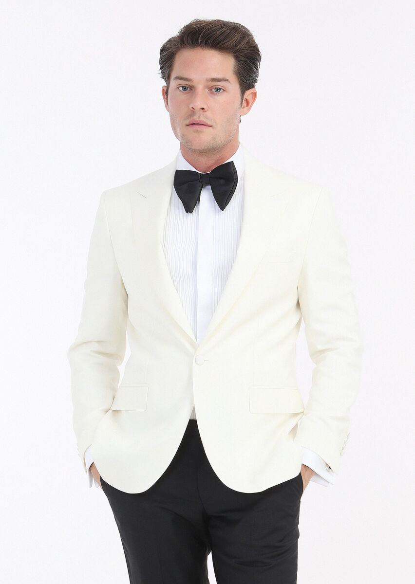 Ecru Plain Thin&Taller Slim Fit Double Breasted Collar Weaving Tuxedo - 3