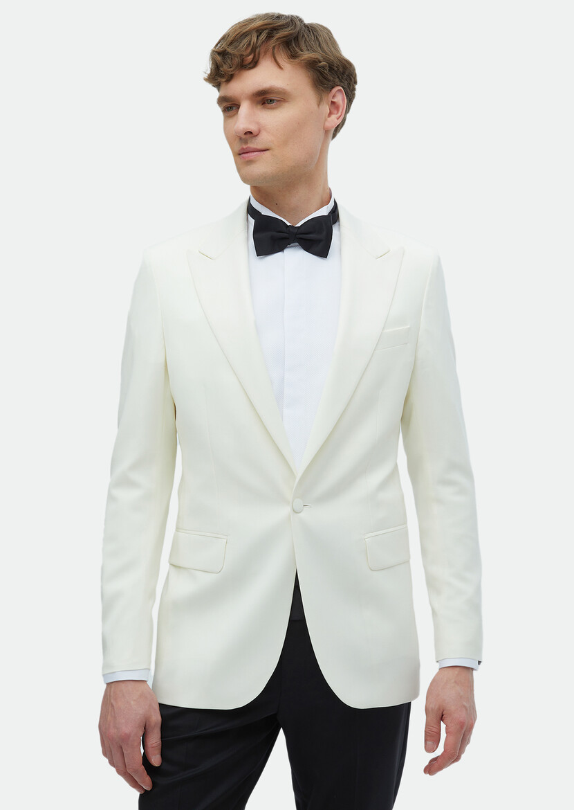 Ecru Plain Thin&Taller Slim Fit Double Breasted Collar Weaving Tuxedo - 1