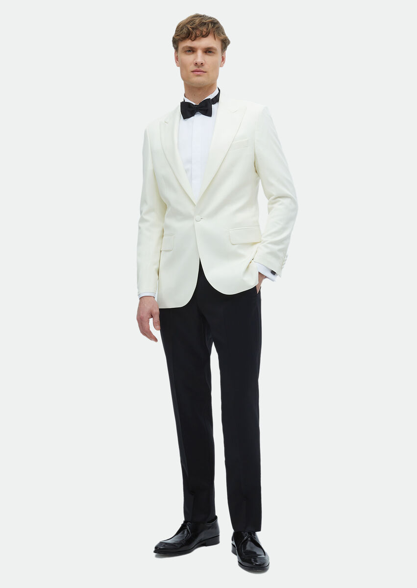 Ecru Plain Thin&Taller Slim Fit Double Breasted Collar Weaving Tuxedo - 2