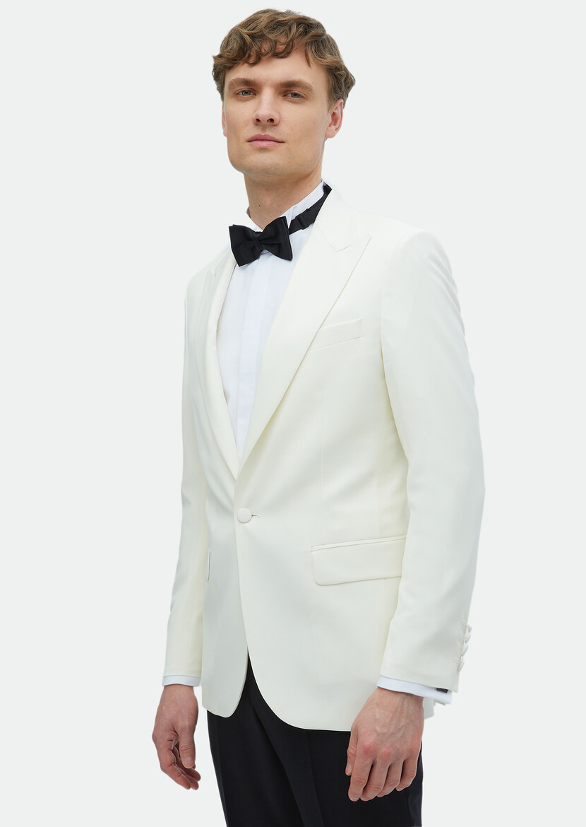 Ecru Plain Thin&Taller Slim Fit Double Breasted Collar Weaving Tuxedo - 3