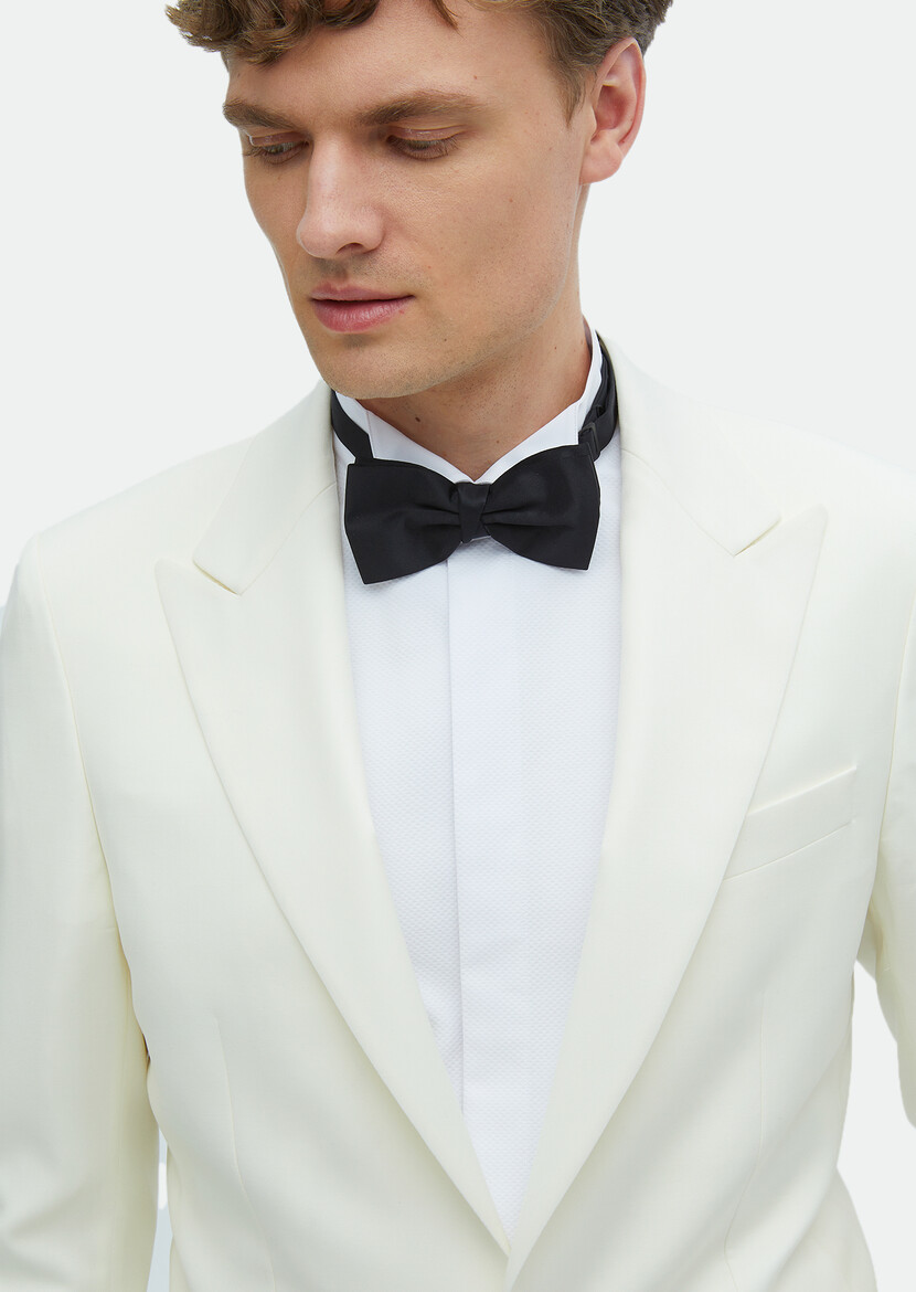 Ecru Plain Thin&Taller Slim Fit Double Breasted Collar Weaving Tuxedo - 5