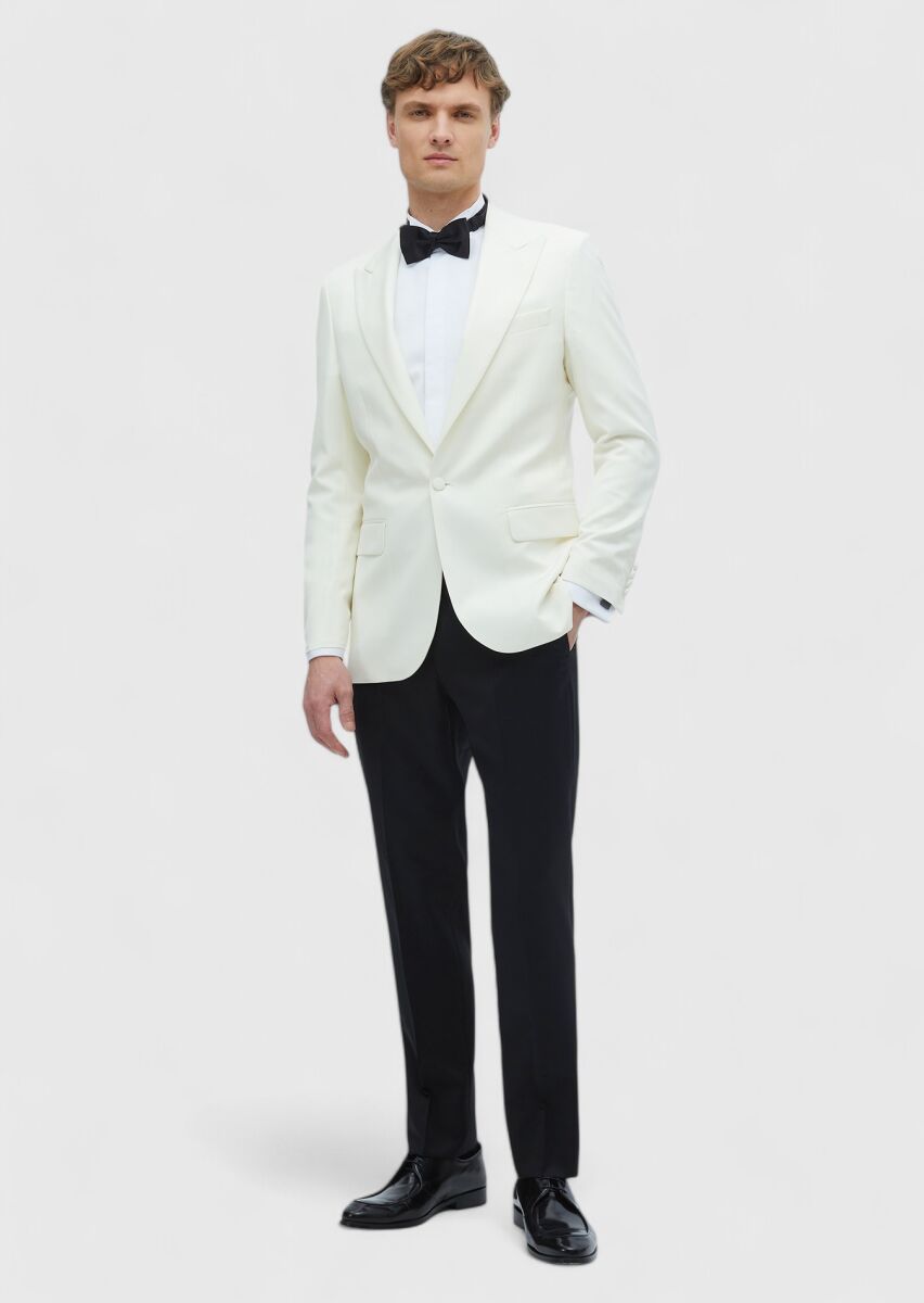 Ecru Plain Thin&Taller Slim Fit Shawl Collar Weaving Tuxedo - 2